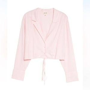Open Edit Tie Hem Linen Blend Crop Shirt in pink almond